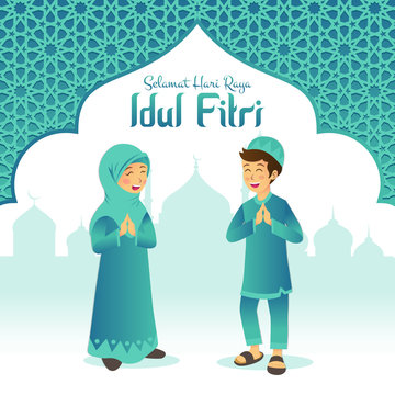 Selamat hari raya Idul Fitri is another language of happy eid mubarak in Indonesian. Cartoon muslim kids celebrating Eid al fitr with mosque and arabic frame on background