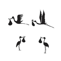 stork and baby set black on white background