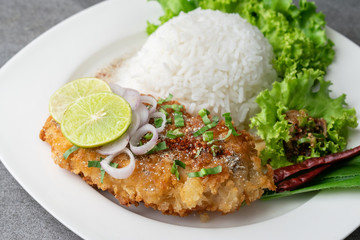 Spicy salad with fried chicken and rice in white dish on table.