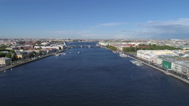 Flight over the Neva River in the city center of St. Petersburg, Russia, 4k