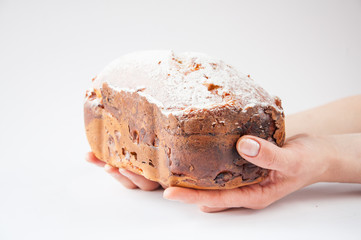 woman's hands holding a delicious homemade baked cake on a white background