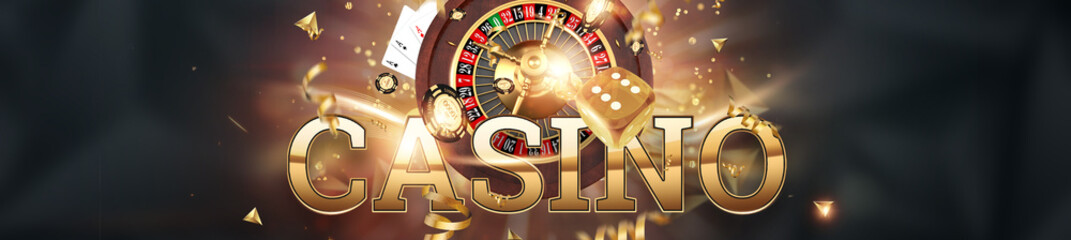 Creative background, inscription casino, roulette, gambling dice, cards, casino chips on a dark background. The concept of gambling, casino, winnings, Vegas Games. 3D render, 3D illustration.