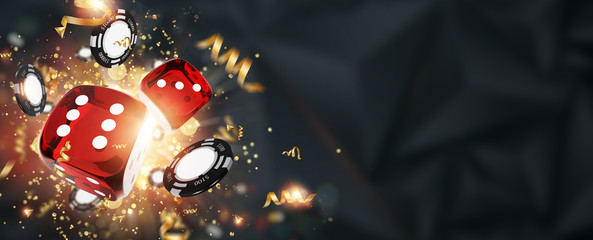 Creative background, gaming dice, cards, casino chips on a dark background. The concept of gambling, casino, winnings, Vegas Games Background. 3D render, 3D illustration