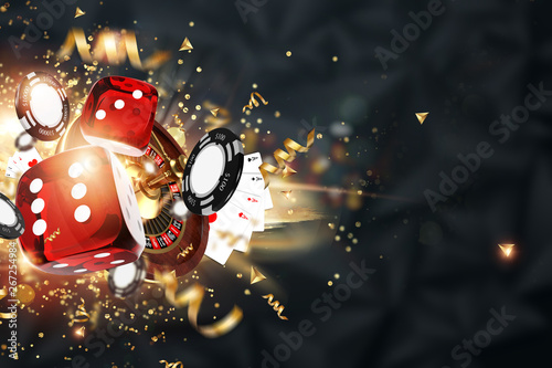 Creative Background, Gaming Dice, Cards, Casino Chips On A Dark Background  The Concept Of Gambling, Casino, Winnings, Vegas Games Background 3D  Render, 3D Illustration Wall Mural-Aliaksandr Marko