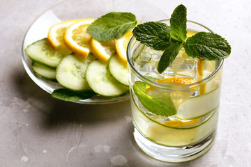 Infused water with cucumber, lemon and mint. Detox water