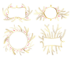 Christmas tree golden decor frames for invitations. New year holiday vector.