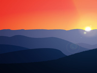 Nature vector background, landscape with mountains and sun