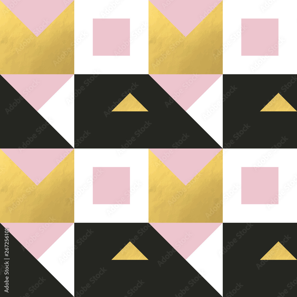 Poster Festive triangle and square geometric shapes background. Abstract mosaic vector seamless pattern in pastel and golden colors. Christmas , new year, carnival, party, celebration wrapping paper concept.