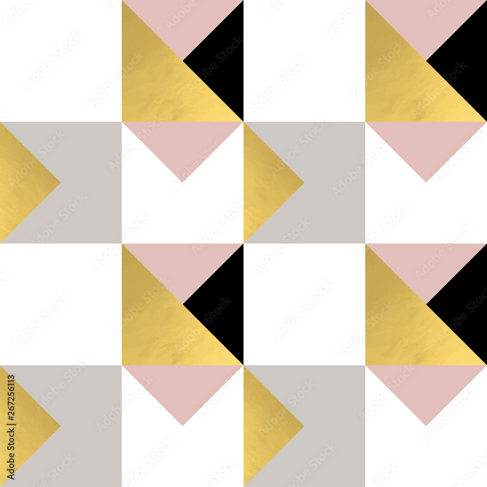 Poster Festive triangle and square geometric shapes background. Abstract mosaic vector seamless pattern in pastel and golden colors. Christmas , new year, carnival, party, celebration wrapping paper concept.