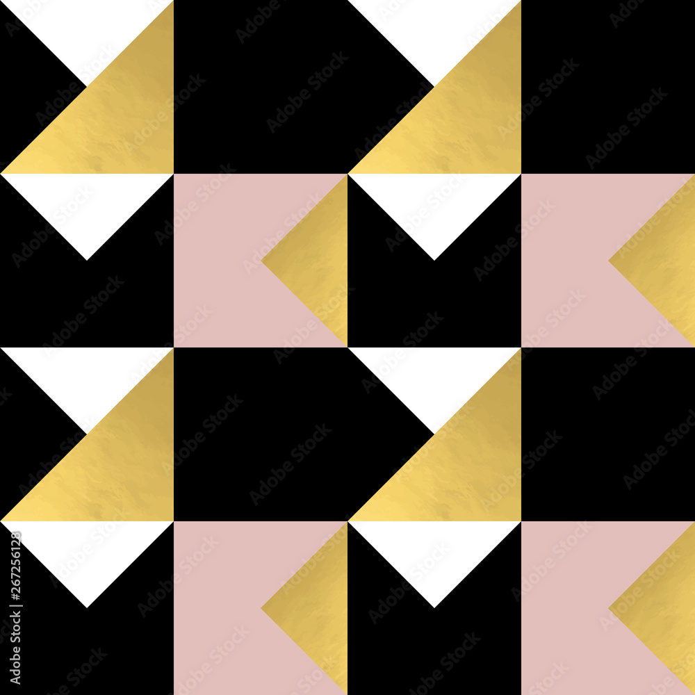 Poster Festive triangle and square geometric shapes background. Abstract mosaic vector seamless pattern in pastel and golden colors. Christmas , new year, carnival, party, celebration wrapping paper concept.