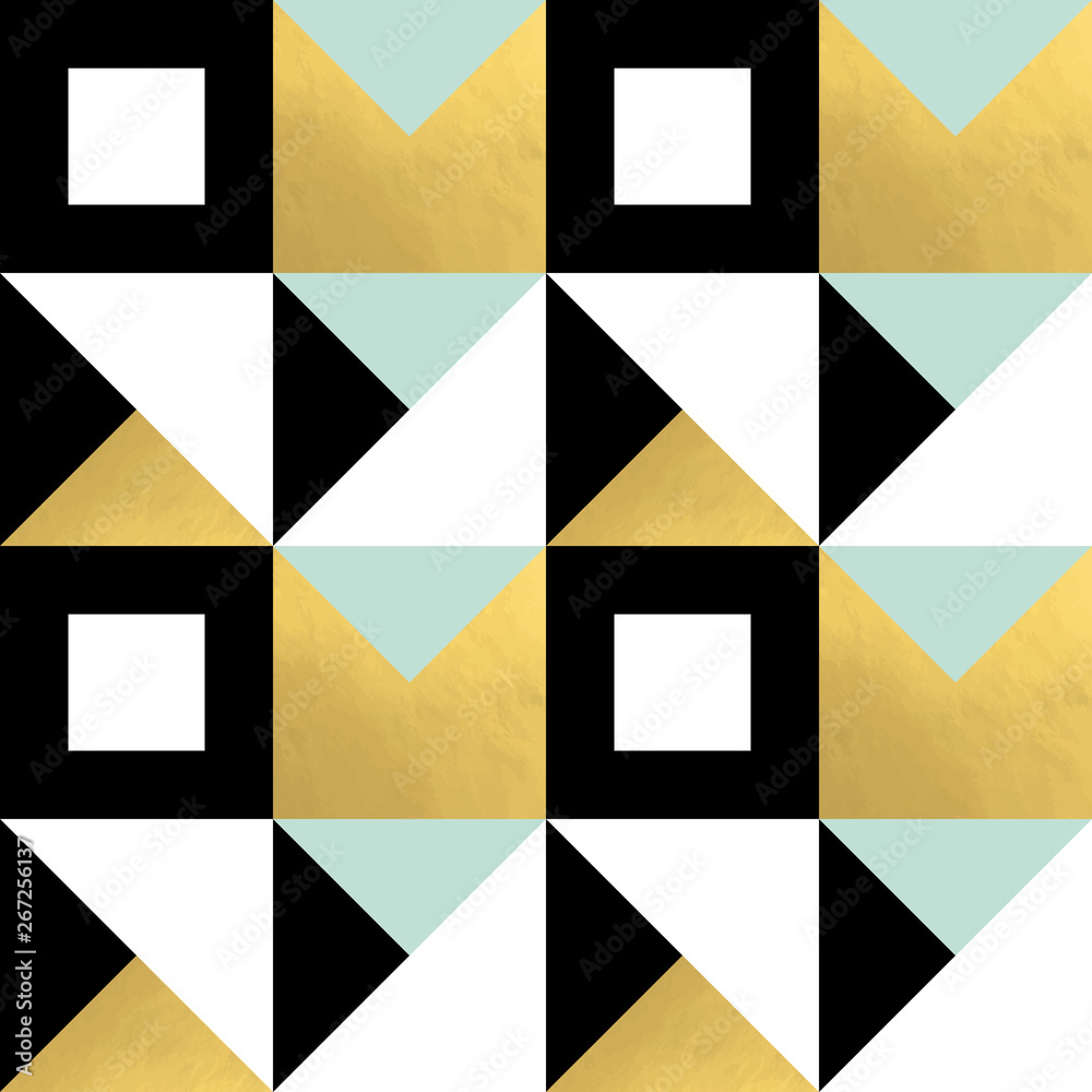 Poster Festive triangle and square geometric shapes background. Abstract mosaic vector seamless pattern in pastel and golden colors. Christmas , new year, carnival, party, celebration wrapping paper concept.