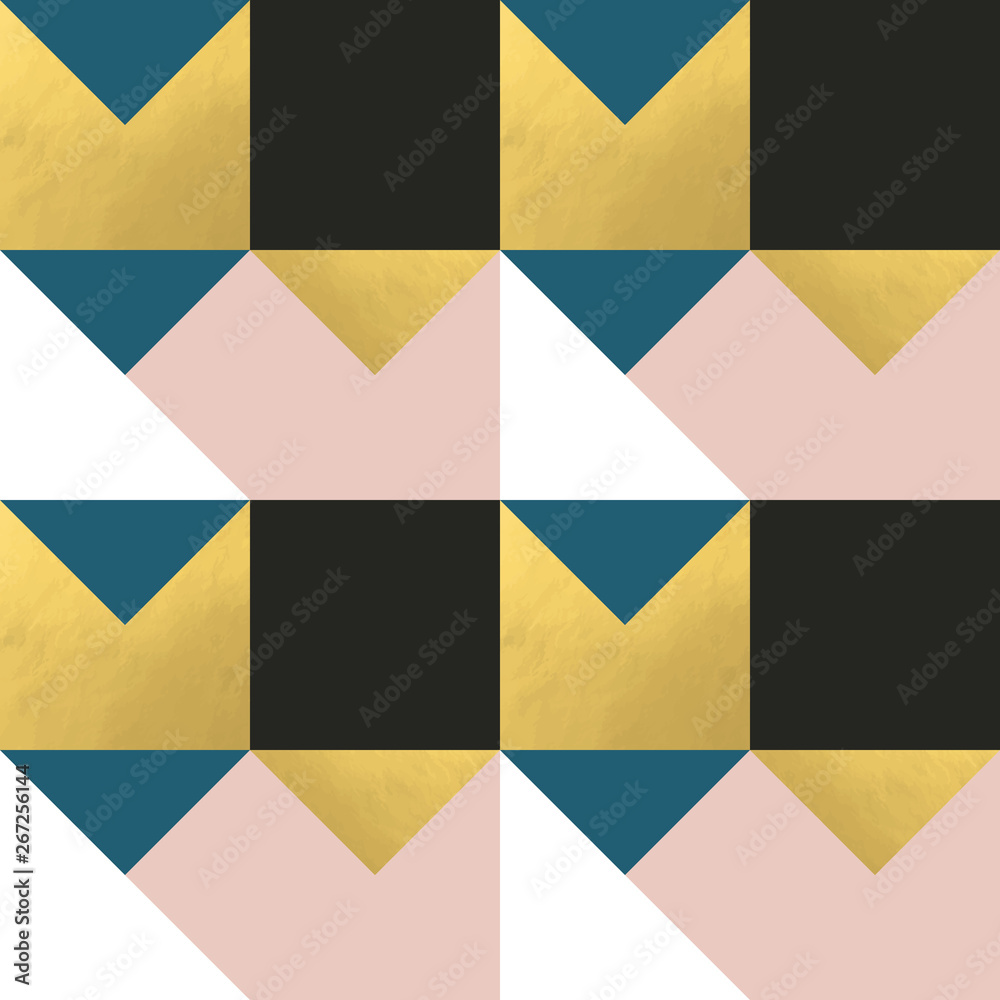 Poster Festive triangle and square geometric shapes background. Abstract mosaic vector seamless pattern in pastel and golden colors. Christmas , new year, carnival, party, celebration wrapping paper concept.