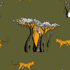 Baobabs, cheetah on khaki backgraund seamless pattern safari style, exotic
