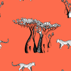 Baobabs, cheetah on corall backgraund seamless pattern safari style, exotic