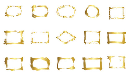 Set of dry brush frames. Hand drawn artistic frames. Golden engraved ink art. Isolated frame illustration element.