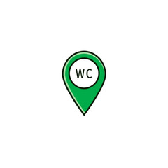 WC or toilet map pointer icon in flat color line icon. Restroom geotag symbol in thin linear style.