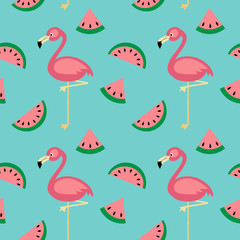 cute cartoon flat vector seamless background with flamingo and watermelon slices