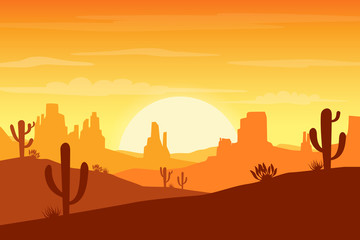 Fototapeta na wymiar Desert landscape at sunset with cactus and hills silhouettes background - Vector illustration