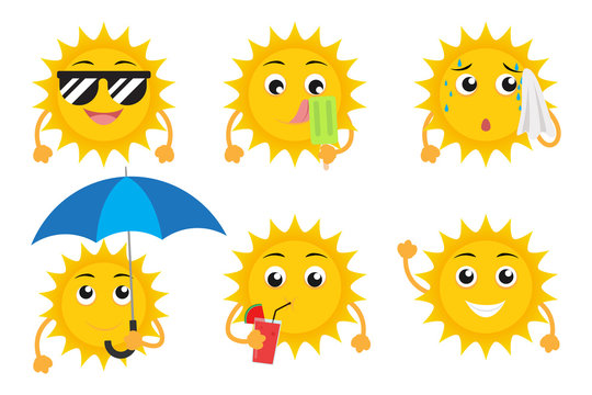Collection of cartoon sun mascot characters vector set isolated on white background 