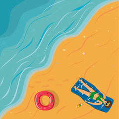 Vector illustration. A woman is lying on the sand on a towel and sunbathing after swimming. Holidays by the sea