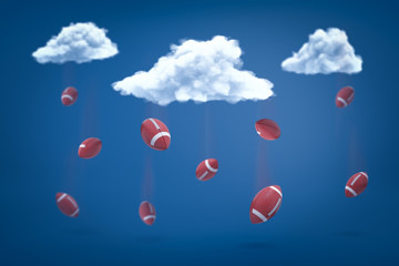 3d rendering of american football balls falling from white clouds on blue background