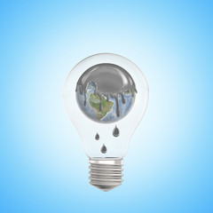 3d closeup rendering of lightbulb with Earth globe inside, its top covered in thick grey liquid dripping down, on light-blue gradient background.