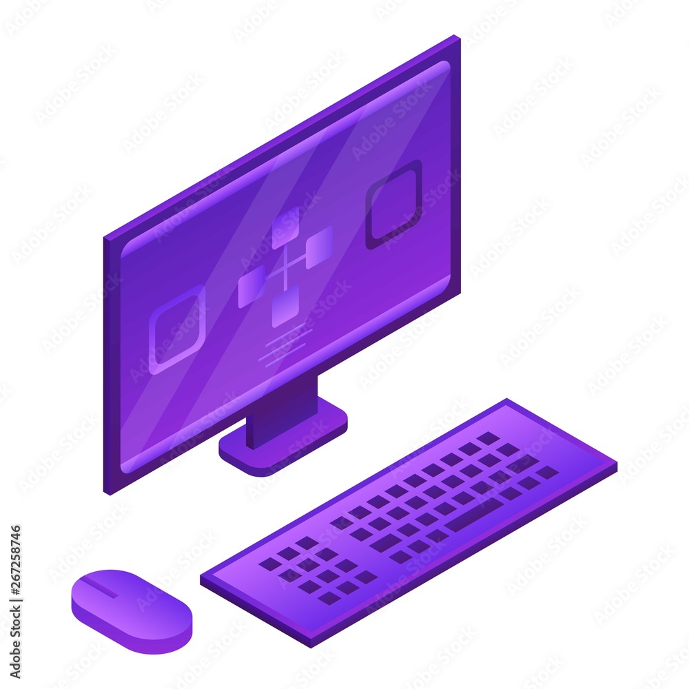 Poster desktop computer icon. isometric of desktop computer vector icon for web design isolated on white ba