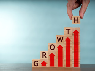 Career path for business growth success process concept.Hand arranging wood block stacking as step...