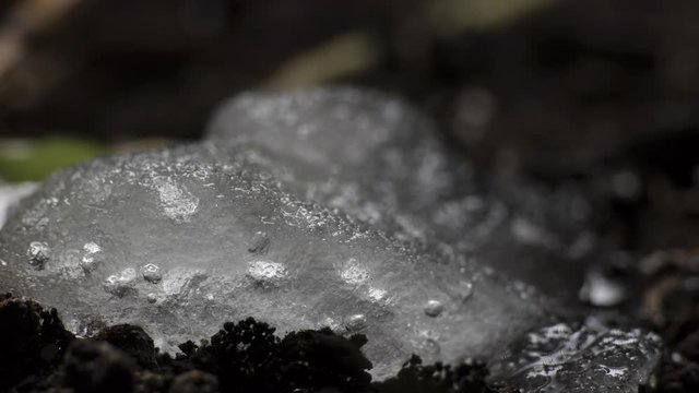 Melting Snow / Melting Ice / Spring Water / Spring Time. Macro time-lapse shot of shiny melting snow particles turning into liquid water. Original 10-bit color.