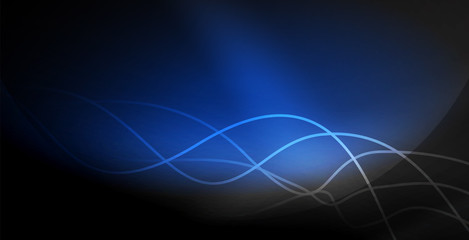 Glowing abstract wave on dark, shiny motion, magic space light. Techno abstract background