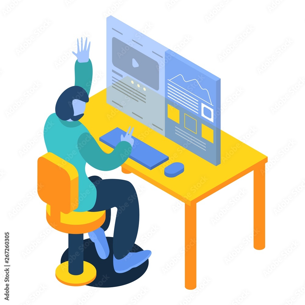 Poster man working on desktop computer icon. isometric of man working on desktop computer vector icon for w