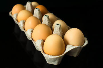  Chicken eggs in a cardboard container for the storage and transportation of chicken eggs isolated on black background