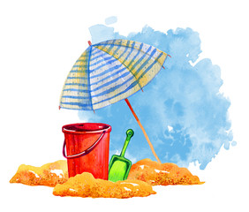 Beach scene. Parasol, bucket and shovel on the sand with blue spot © Alexandra