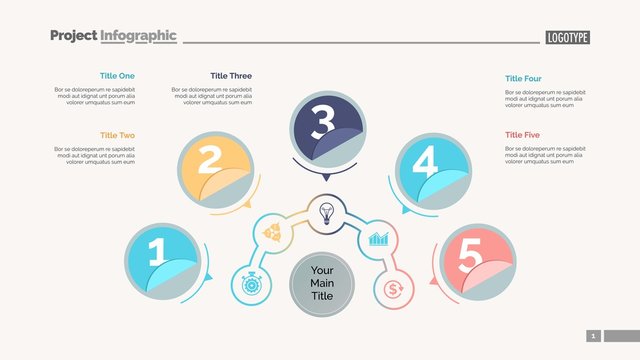 Five circles process chart slide template. Business data. Step, point, design. Creative concept for infographic, presentation, report. Can be used for topics like marketing, finance, production.