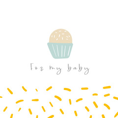 Cute doodle card, postcard, tag, poster with muffin, abstract elements.