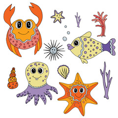 Vector cartoon illustration of crab, fish, octopus and starfish. Vector cartoon illustration for design.