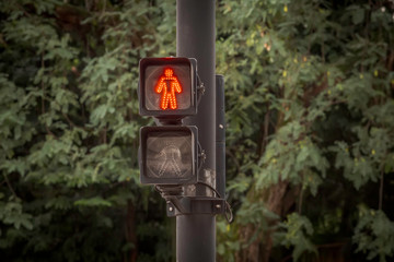 Sinal vermelho para pedestre em avenida de cidade brasileira