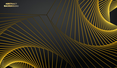 Abstract 3d background with black paper layers. Vector geometric illustration of carbon sliced shapes textured with golden glittering dots. Graphic design element. Elegant decoration