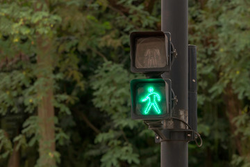 Sinal verde para pedestre em avenida de cidade brasileira