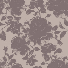 Floral seamless pattern made of opulent roses. Acrilic painting with silhouettes of flower buds and leaves. Botanical illustration in vintage style for fabric and textile.