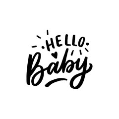 Hand drawn lettering hello baby for print, card, poster, decor. Kids lettering for baby shower. - 267262780