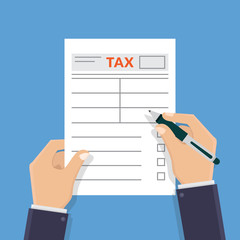 Hand holding tax form and writing tax form flat design