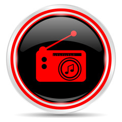 Radio icon. Round metal web button, black and red.