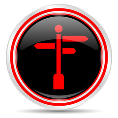 Signpost icon. Round metal web button, black and red.