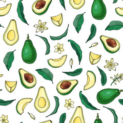 Realistic avocado.Seamless pattern.Summer exotic food.Cartoon Whole,half fruit with leaf,flower