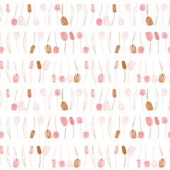 Vector floral seamless pattern with hand drawn tulips. Background with pastel colored flowers and leaves outlines.