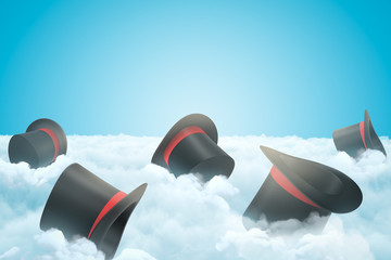 Naklejka na ściany i meble 3d rendering of black top hats in white clouds on blue background