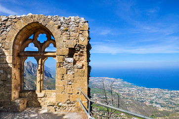 Medieval ruins of the St. Hilarion Castle offering an amazing view over the landscape of Cypriot...