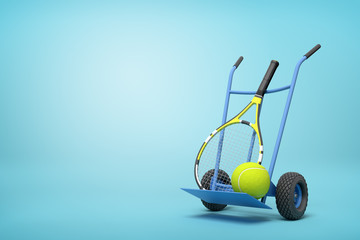 3d rendering of navy blue hand truck standing upright in half-turn with tennis ball and racket on it on light-blue background with copy space.