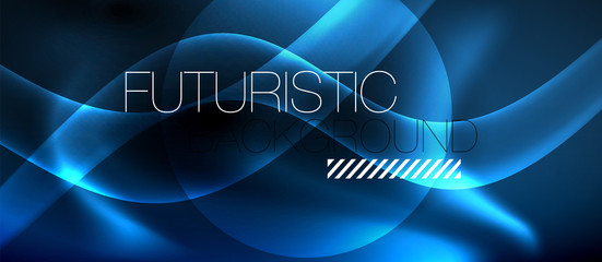 Dark background with neon color waves, vector template